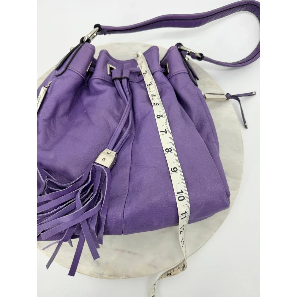 B. Makowsky Purple Leather Tassel Bucket Bag Shoulder Hobo Silver Hardware